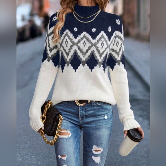 NEW Fair Isle Knit Sweater Mock Top Navy Blue Off White Gray - Picture 6 of 8